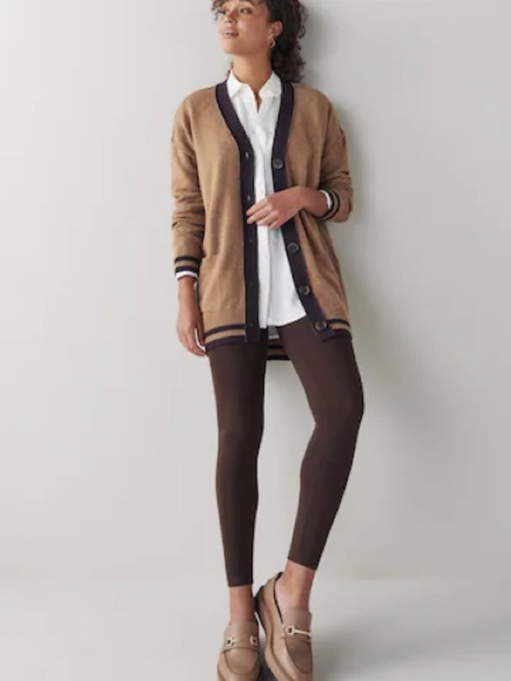 next Tan Cardigan with Dark Brown Contrast Trim